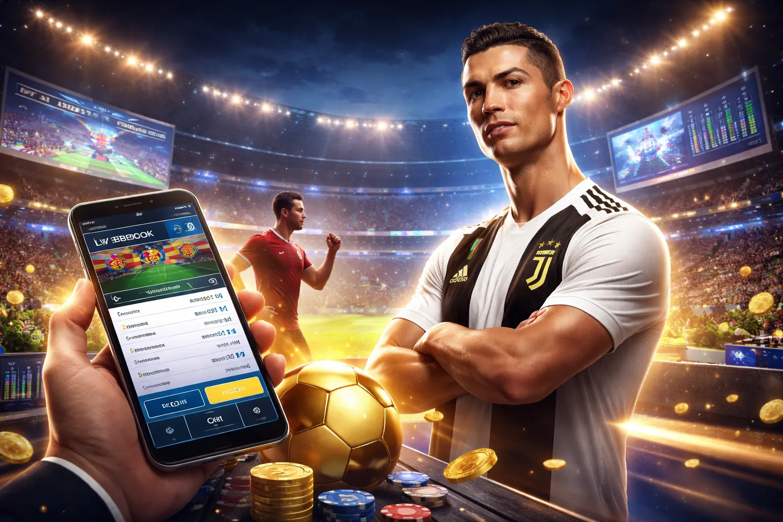 Sân vận động với trận đấu bóng đá sôi động, thể hiện cá cược thể thao 8xbet